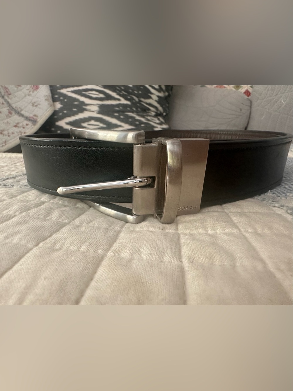 Coach Men's Black Leather Belt with Brushed Silver Buckle, 32